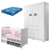 Berço Americano Tico E Guarda Roupa Infantil Ane Branco Brilho Com Colchão Ortobom - Phoenix Baby