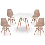 Conjunto Mesa De Jantar Quadrado Eiffel 80cm Branca + 4 Cadeiras Charles Eames Nude