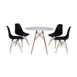 Conjunto Mesa Jantar Redonda Eiffel Mdf Branco 80cm + 4 Cadeiras Charles Eames Pretas