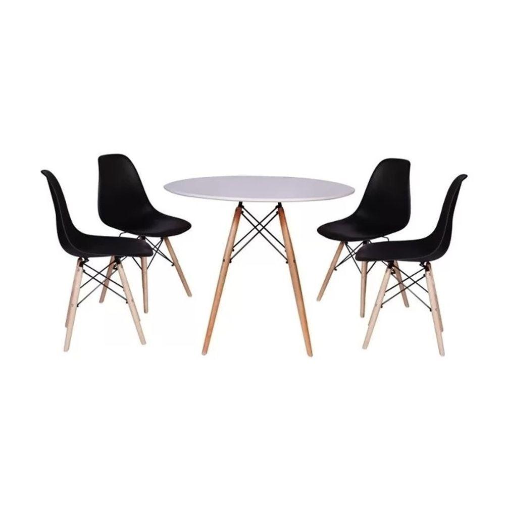 Conjunto Mesa Jantar Redonda Eiffel Mdf Branco 80cm + 4 Cadeiras Charles Eames Pretas