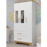 Guarda-roupa Infantil 3 Portas Com Janelas Retangulares E 2 Gavetas 100% Mdf Liam Branco Brilho/amêndoa