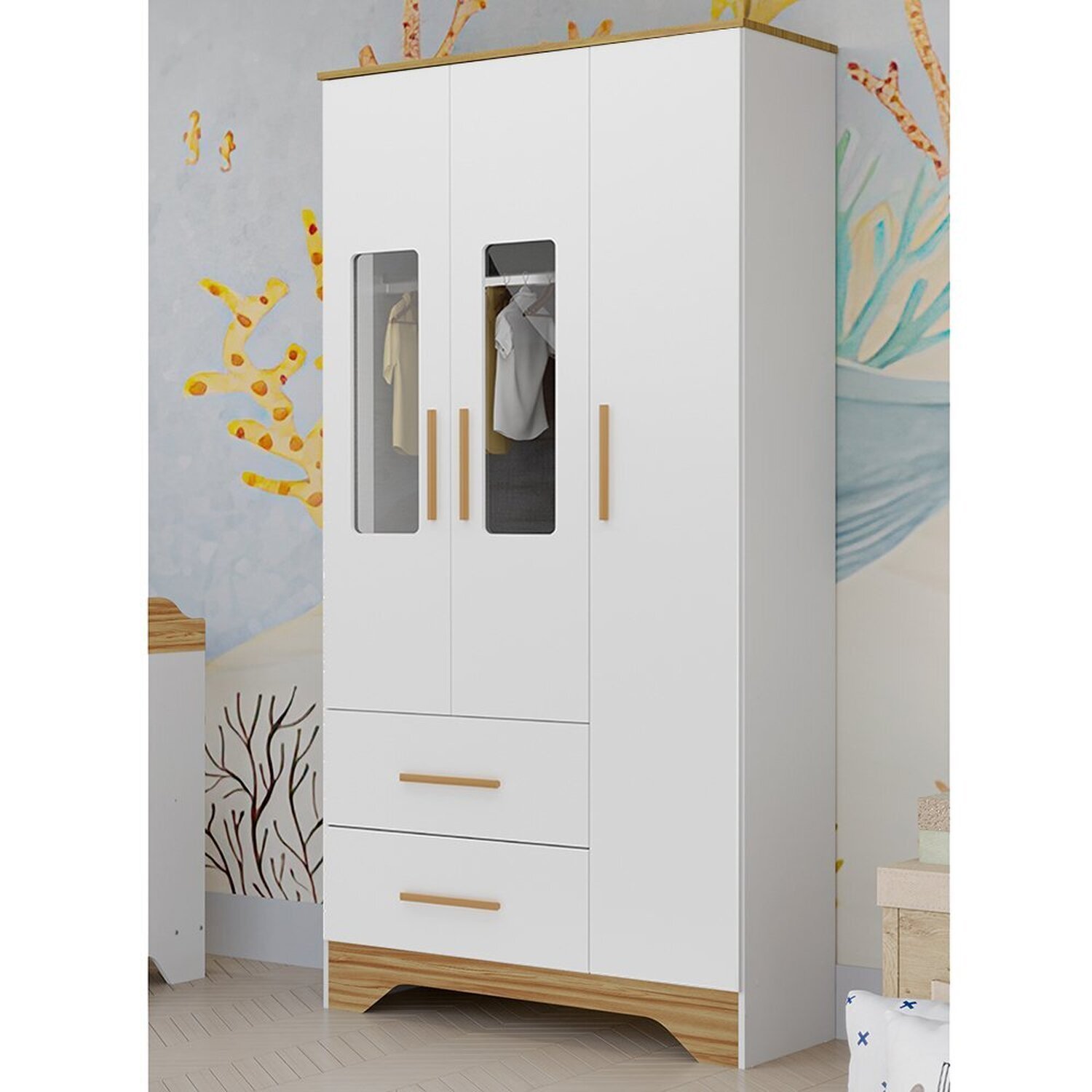 Guarda-roupa Infantil 3 Portas Com Janelas Retangulares E 2 Gavetas 100% Mdf Liam Branco Brilho/amêndoa