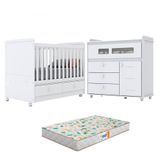 Berço Americano Aquarela E Cômoda Infantil Pula-pula Branco Colchão - Henn