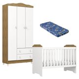 Berço Americano Mini Cama E Guarda Roupa Mel Flat Branco Acetinado Amadeirado Com Colchão Ortobom - Carolina