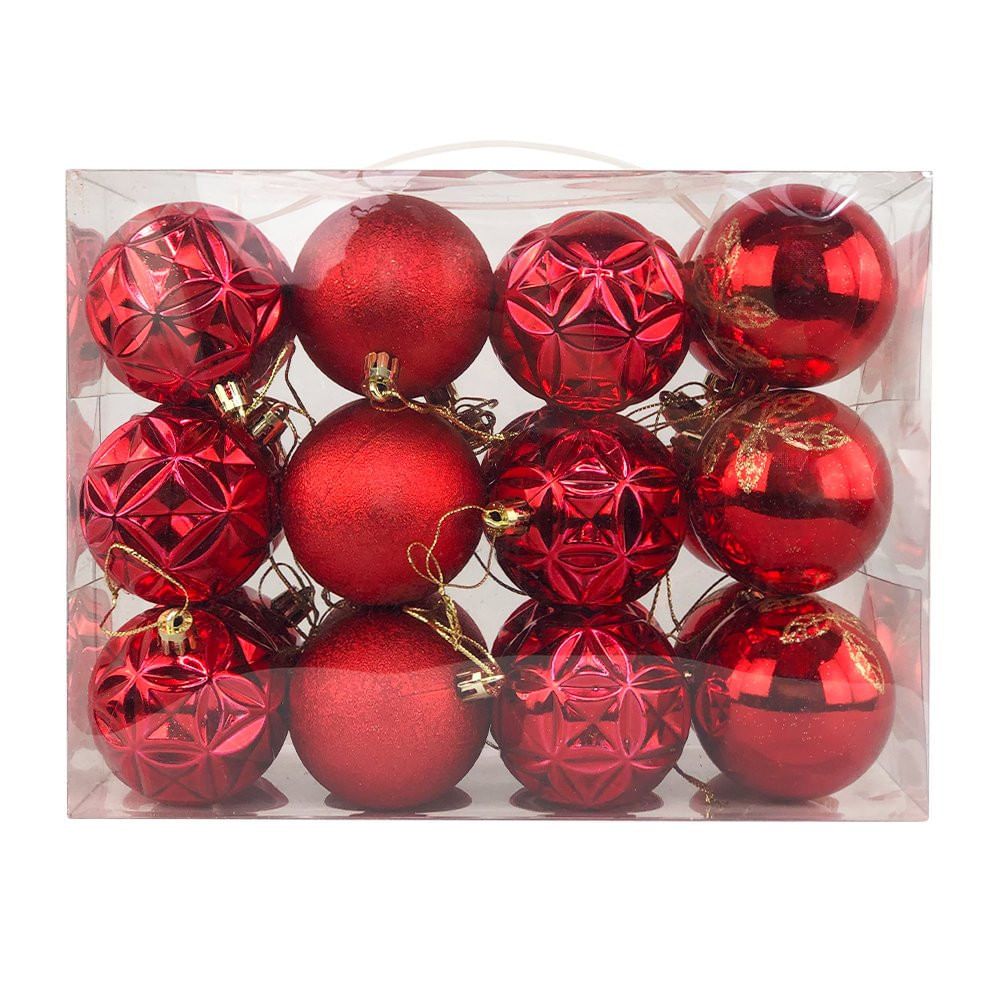 Kit Bolinhas De Enfeite De Natal Para Decoração Pendurar 24 Unidades 6cm - Vermelho