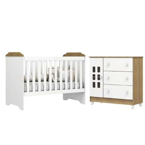 Dormitório Infantil Carolina Baby Berço Americano Mini Cama 3 Em 1 E Cômoda Para Quarto Bebê Luna Branco / Madeirado