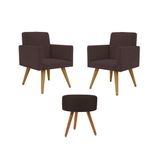 Jogo 02 Poltronas Decorativas + Puff Redondo Oferta Cor: Marrom