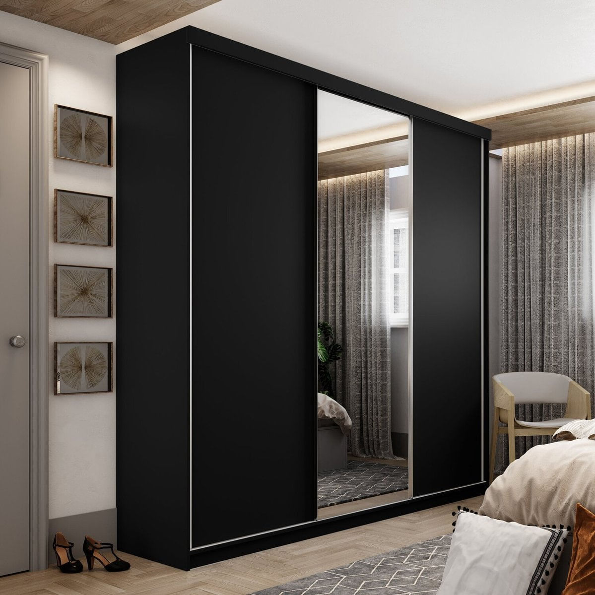 Guarda-roupa Solteiro 100% Mdf Bp Com 3 Portas E 1 Espelho Geneve Preto