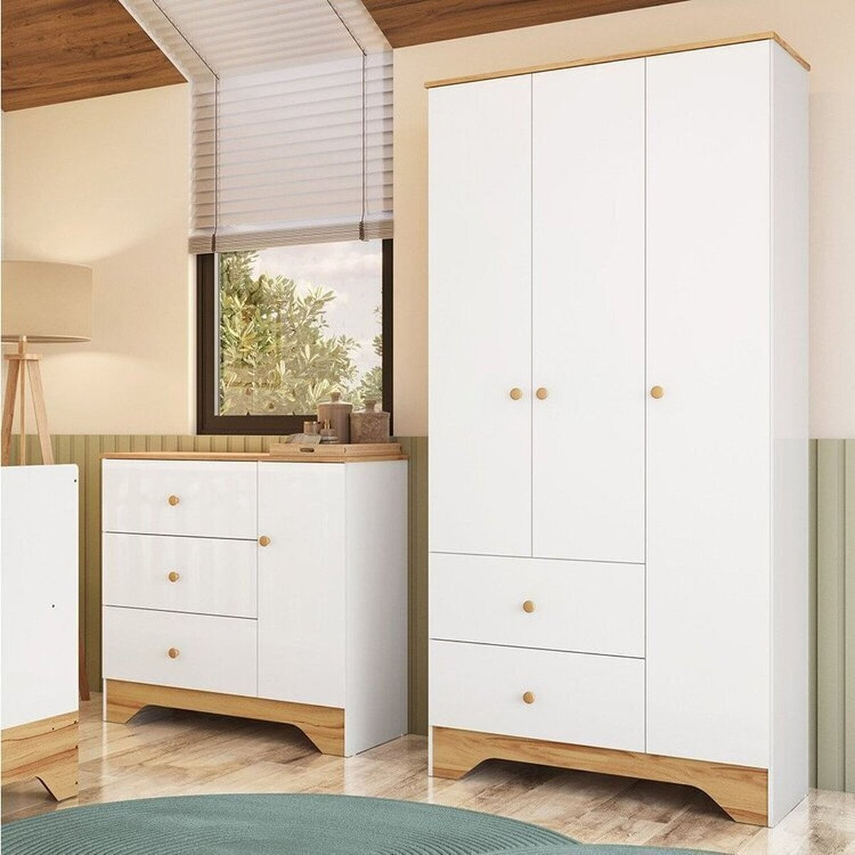 Quarto Infantil Com Guarda-roupa 3 Portas E Cômoda Com Janelas 100% Mdf Cocada Espresso Móveis Branco Brilho/amêndoa