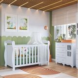 Quarto De Bebê Cômoda 1 Porta Com Janelas E Berço Americano Nina 100% Mdf Espresso Móveis Branco Brilho