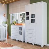 Quarto Infantil Com Guarda Roupa 3 Portas E Cômoda 1 Porta Com Janelas Mimo 100% Mdf Espresso Móveis Branco Brilho