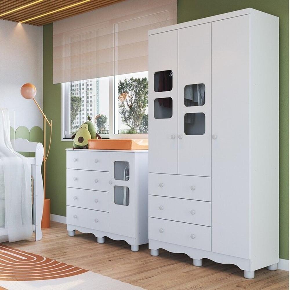 Quarto Infantil Com Guarda Roupa 3 Portas E Cômoda 1 Porta Com Janelas Mimo 100% Mdf Espresso Móveis Branco Brilho