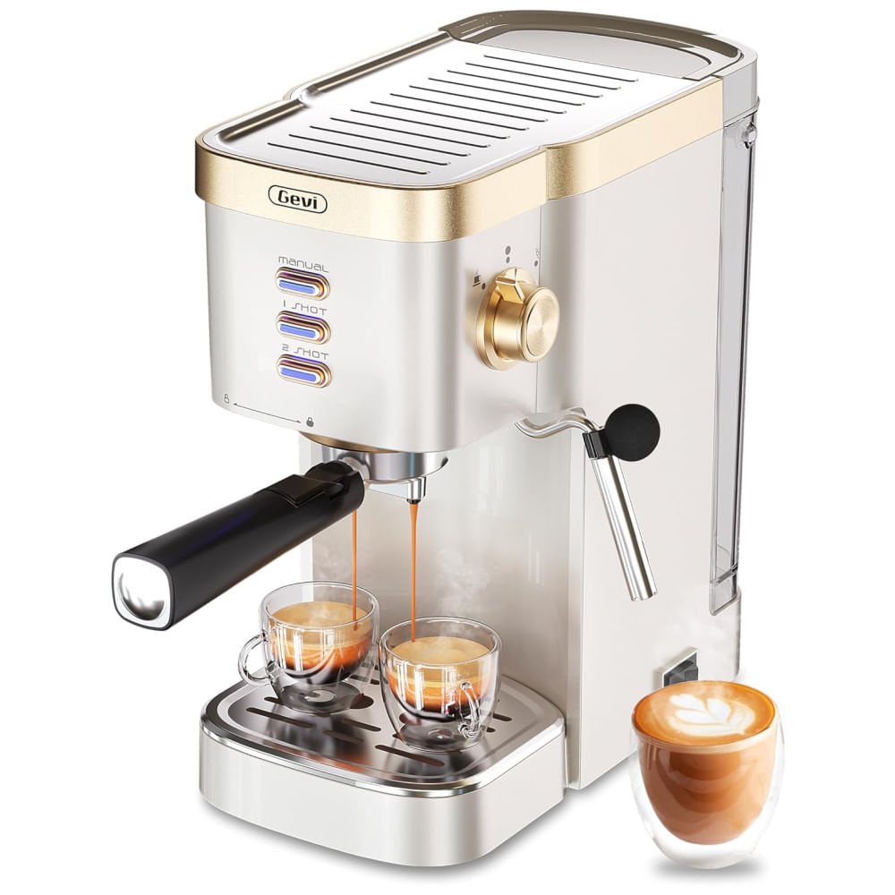 Máquina De Café Expresso 20 Bar Com Vaporizador De Leite, 3 Funções E Tanque De Água Removível 1,2l, 110v 1350w, Gevi Gecme022-u, Branco E Dourada