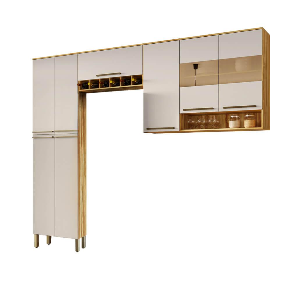 Cozinha Modulada Ronipa Napoli Prime 3 Peças Com Vidro Reflecta- Amêndoa/off White