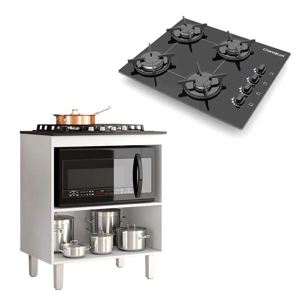 Kit Balcão Cooktop Zanzini Master Branco Sem Porta E Fogão Cooktop Ultrachama Chef 4 Bocas Chamalux Preto