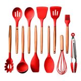 Kit 12 Peças Jogo De Cozinha De Silicone Resistente A Altas Temperaturas Utensílios - Vermelho