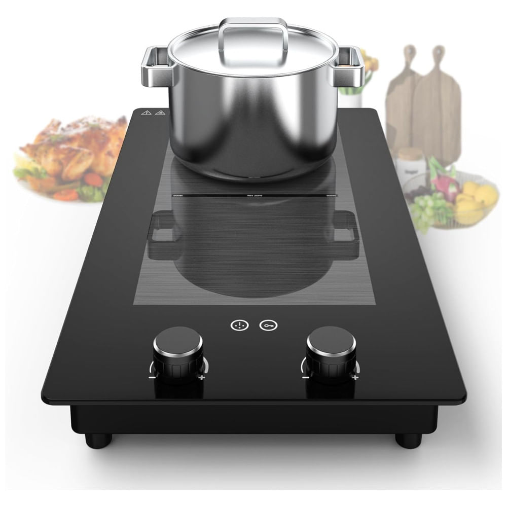 Cooktop Elétrico Portátil De Indução Com 2 Bocas, Controle Giratório, 9 Níveis De Potência, Trava De Segurança E Temporizador, 110v 3000w, Vbgk, Pret