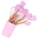 Kit 12 Utensílios Jogo De Cozinha De Silicone Com Espatulas Pincel Batedor Manual - Rosa