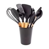 Kit 12 Utensílios Jogo De Cozinha De Silicone Com Espatulas Pincel Batedor Manual - Preto