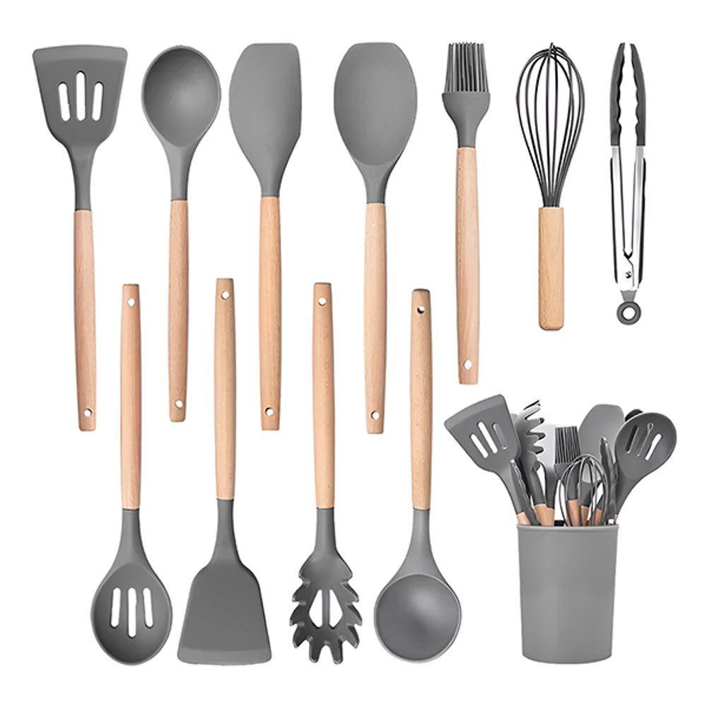 Kit 12 Utensílios Jogo De Cozinha De Silicone Com Espatulas Pincel Batedor Manual - Cinza