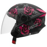 Capacete Aberto New Liberty 3 Flowers Rosa Preto Fosco 58