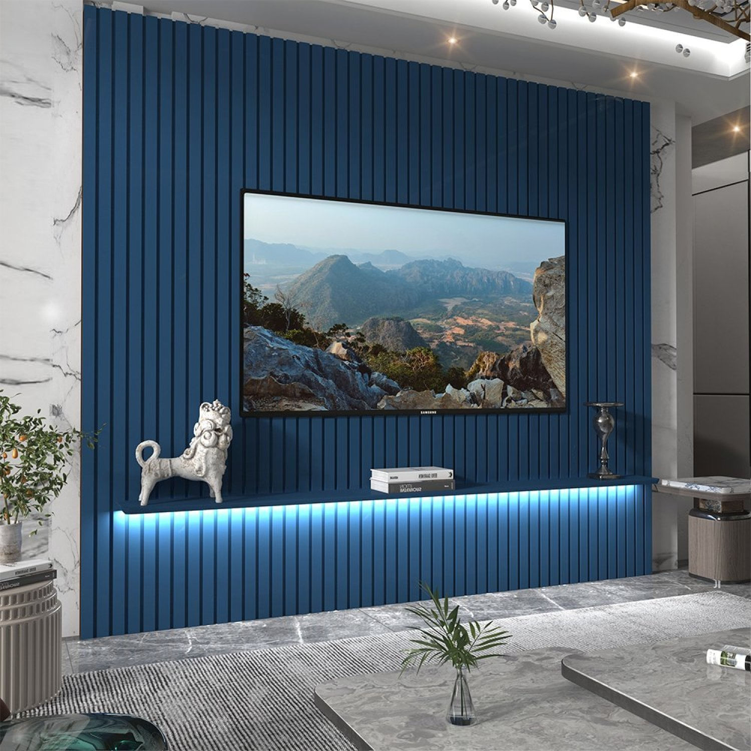 Painel Ripado Para Tv Até 85 Polegadas Com Led 1 Prateleira Nobre 230cm Azul Royal