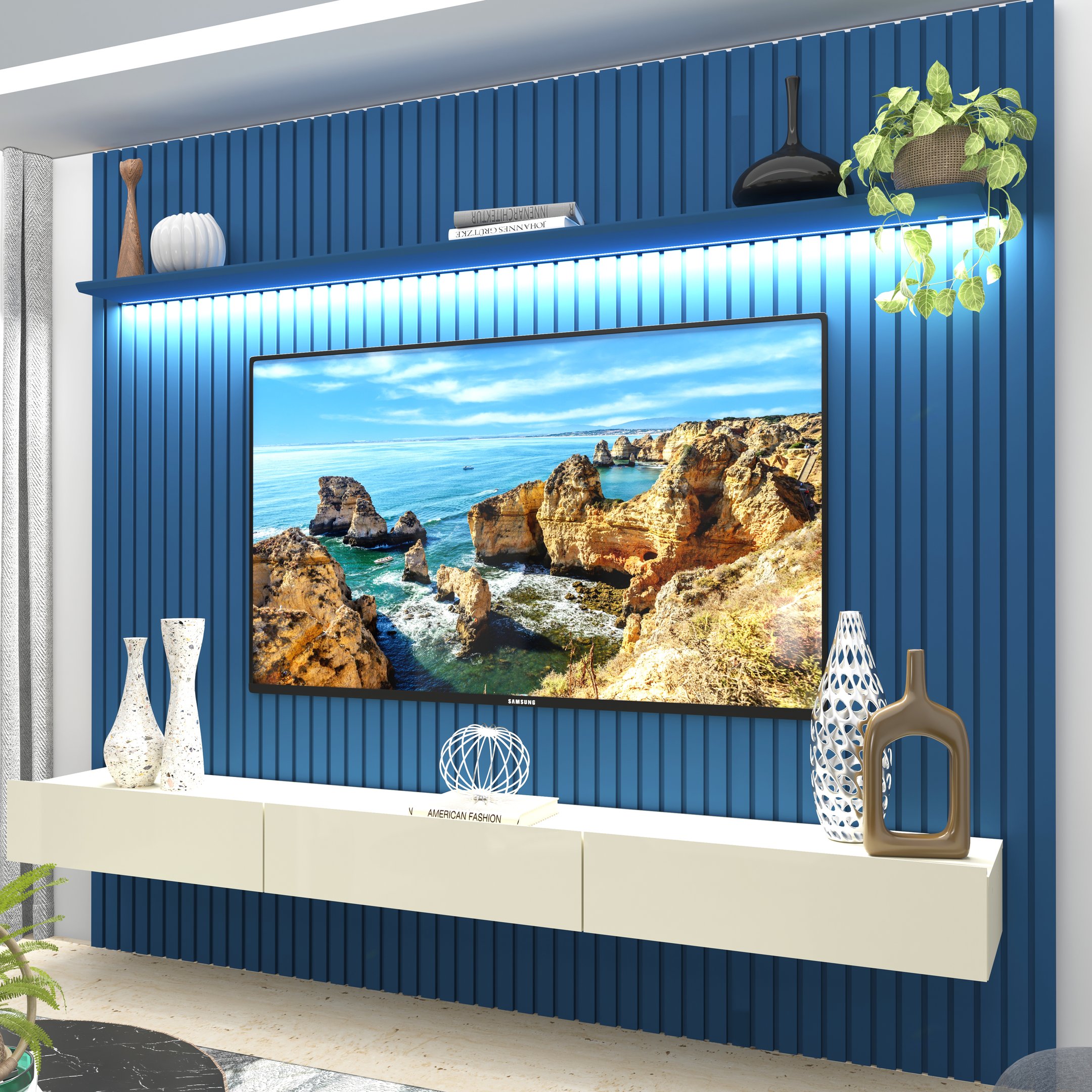 Painel Para Tv Até 85 Polegadas Ripado Com Led Nobre 230cm Azul Royal/off White