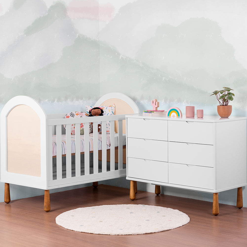 Kit Quarto Infantil Branco – Cômoda A+a 6 Gavetas Pé Pingo + Berço Arco Pé Pingo