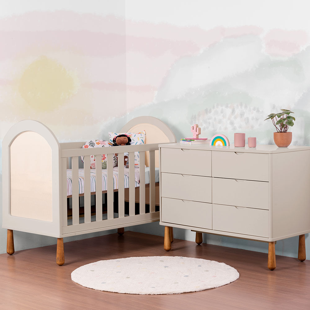 Kit Quarto Infantil Areia – Cômoda A+a 6 Gavetas Pé Pingo + Berço Arco Pé Pingo