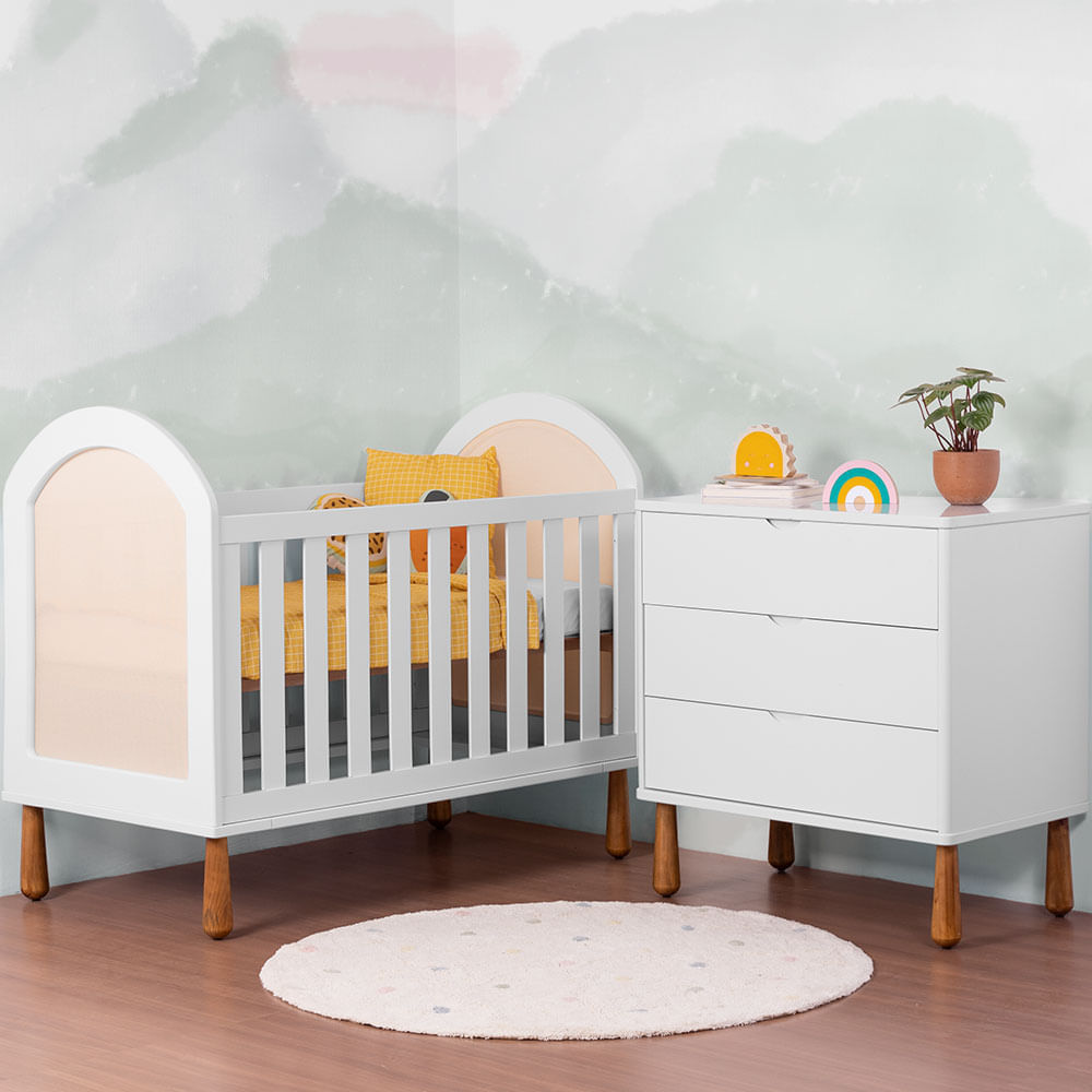 Kit Quarto Infantil Branco – Cômoda A+a 3 Gavetas Pé Pingo + Berço Arco Pé Pingo