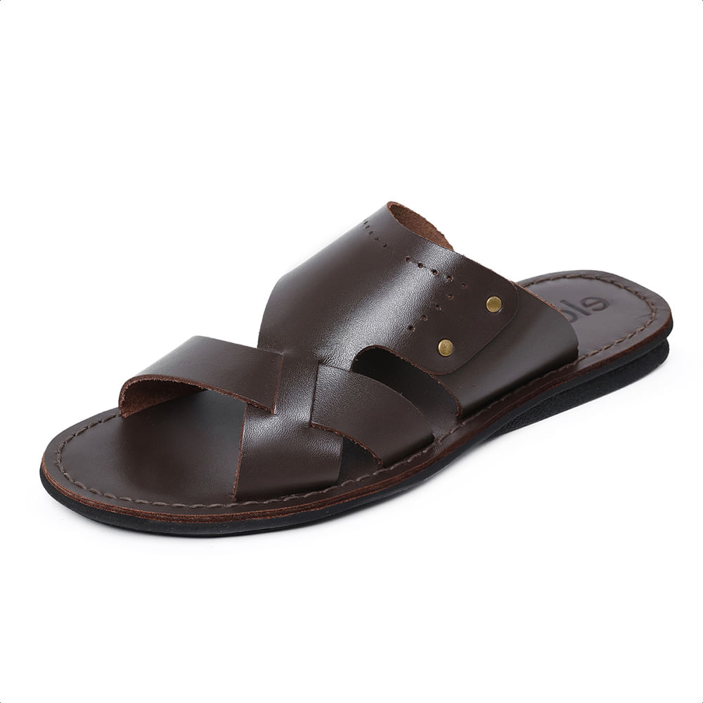 Chinelo Sandalia De Couro Masculina Costuras Reforçadas Tira Larga Calce Facil Maximo Conforto