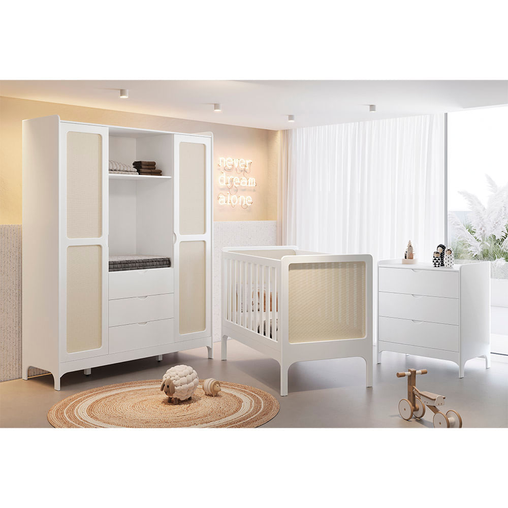 Kit Quarto Infantil Brisa Branco Fosco - Berço + Cômoda 3 Gavetas + Guarda-roupa Com 2 Portas E 3 Gavetas