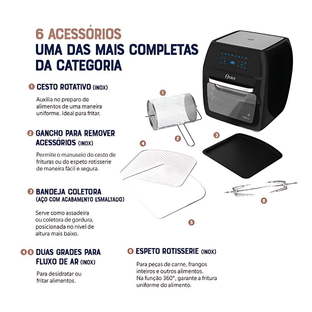 Fritadeira Elétrica sem Oléo Oven Fryer 3 em 1 Oster 12L 1800W  OFRT780 - 110V / Timer / Preto / 9 Funções / Display Digital / 6 Acessórios