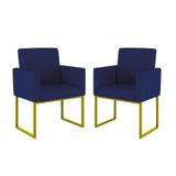 Kit 02 Cadeiras Poltrona Decorativa Sala Quarto Base Dourado Cor: Azul Marinho