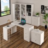 Kit Escritório 6 Peças Com Mesa Para Escritório Em L, Balcão,  Gaveteiro,  Armário Multiuso Alto E 2 Estantes Branco