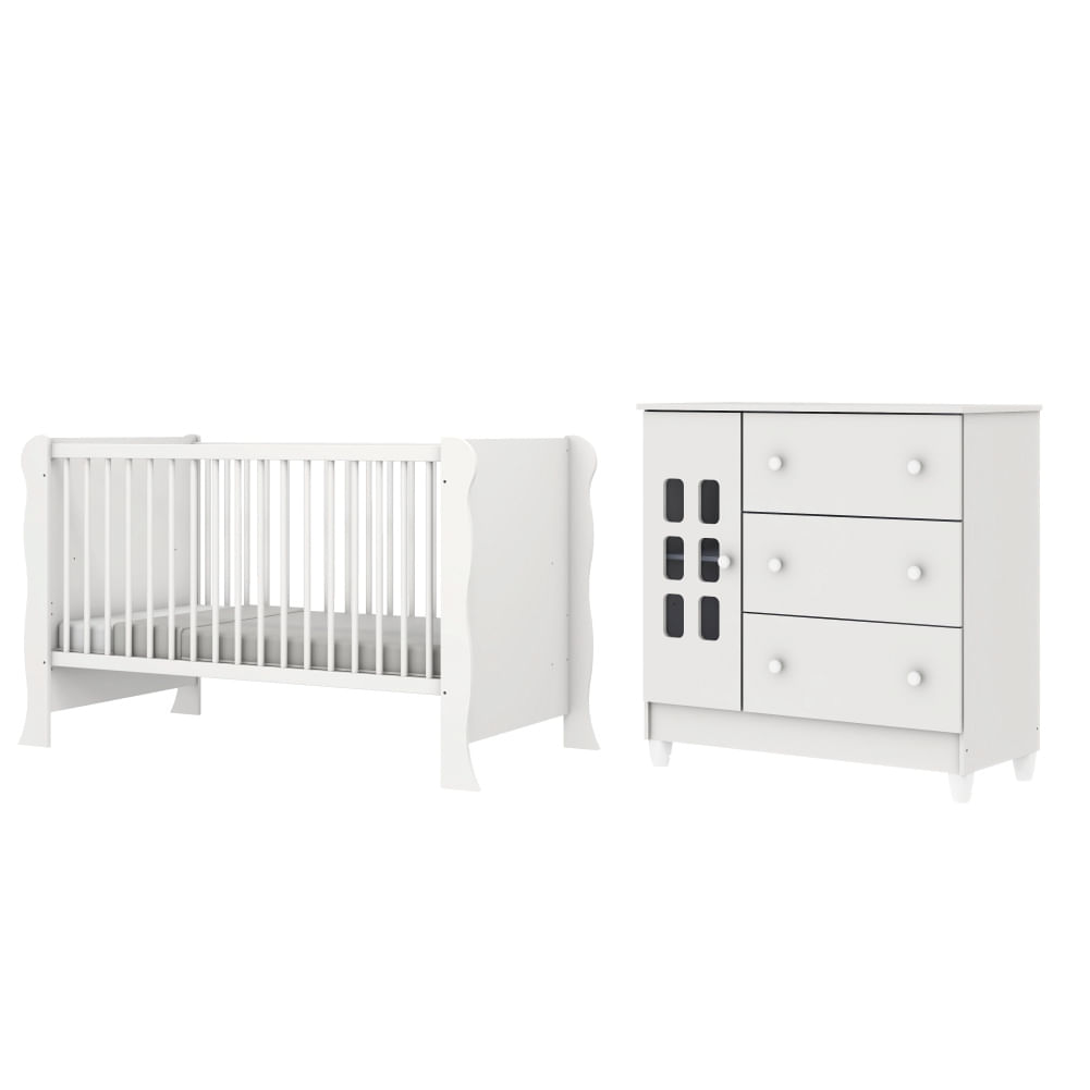 Dormitório Infantil Carolina Baby Berço Americano Mini Cama 2 Em 1 E Cômoda Para Quarto Bebê Luna Branco