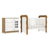 Dormitório Infantil Berço Americano Mini Cama 2 Em 1 Com Rodízios Mimo E Cômoda Luna Branco/madeirado