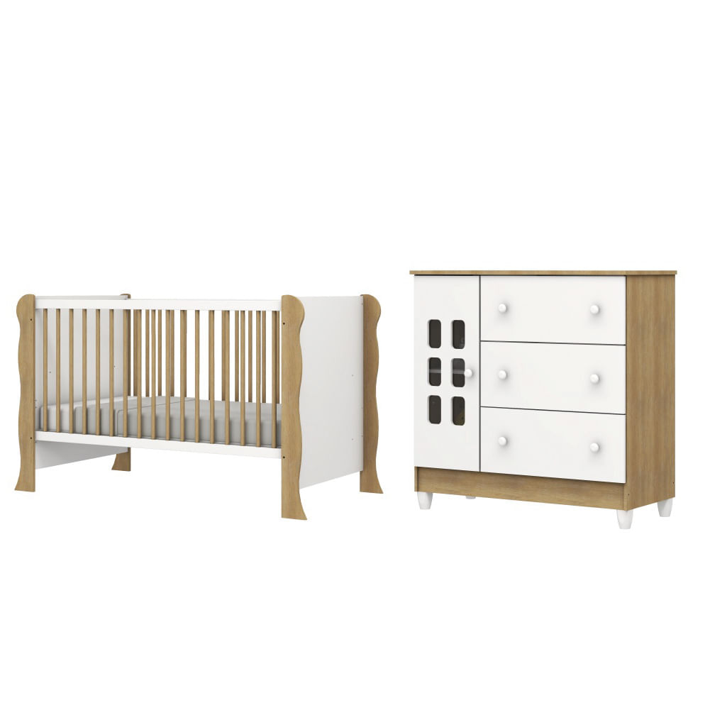 Dormitório Infantil Berço Americano Mini Cama 2 Em 1 E Cômoda Para Quarto Bebê Luna Branco / Madeira