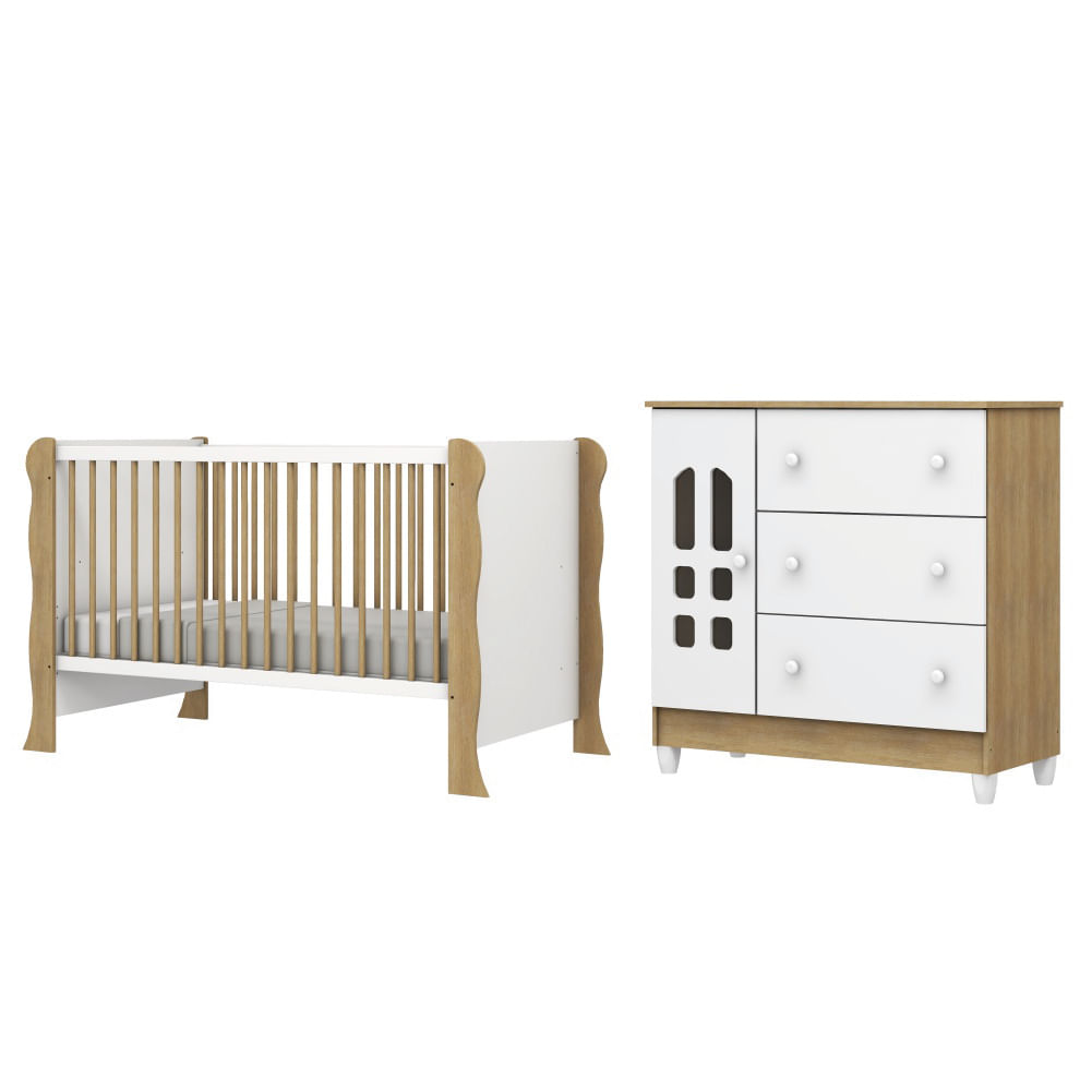 Dormitório Infantil Berço Americano Mini Cama 2 Em 1 Luna E Cômoda Helena Para Quarto Bebê Branco /madeirado