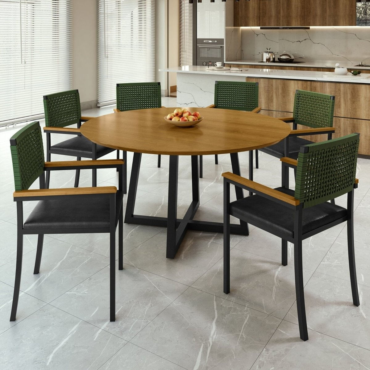 Conjunto Sala De Jantar 6 Cadeiras Madri Com Braço Mesa Redonda 150cm Tampo Mdf Coliseu Preto/ Verde