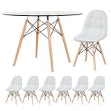 Mesa Eames Com Tampo De Vidro 120 Cm + 6 Cadeiras Estofadas Eiffel Botonê Cinza Claro Cinza-claro