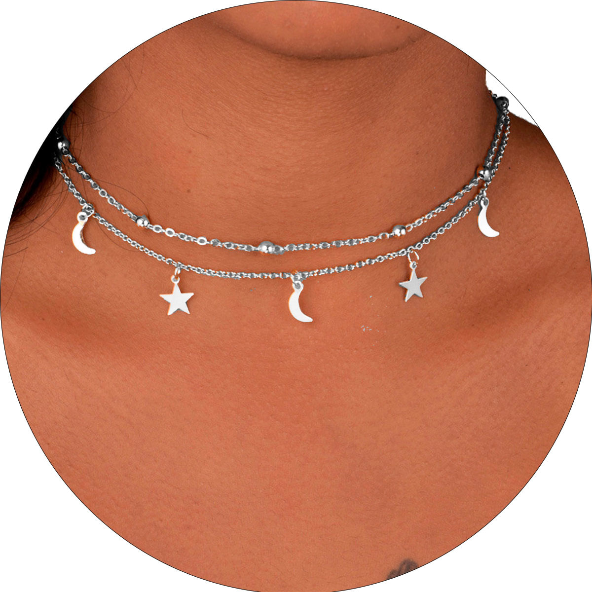 Colar Feminino Prata Com Pingentes Lua Estrela Bolinhas - Prateado