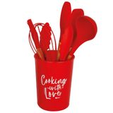 Kit Utensílios Silicone Vermelho Cabo Madeira Prime 6 Peças Com Pote Escorredor - Quality House