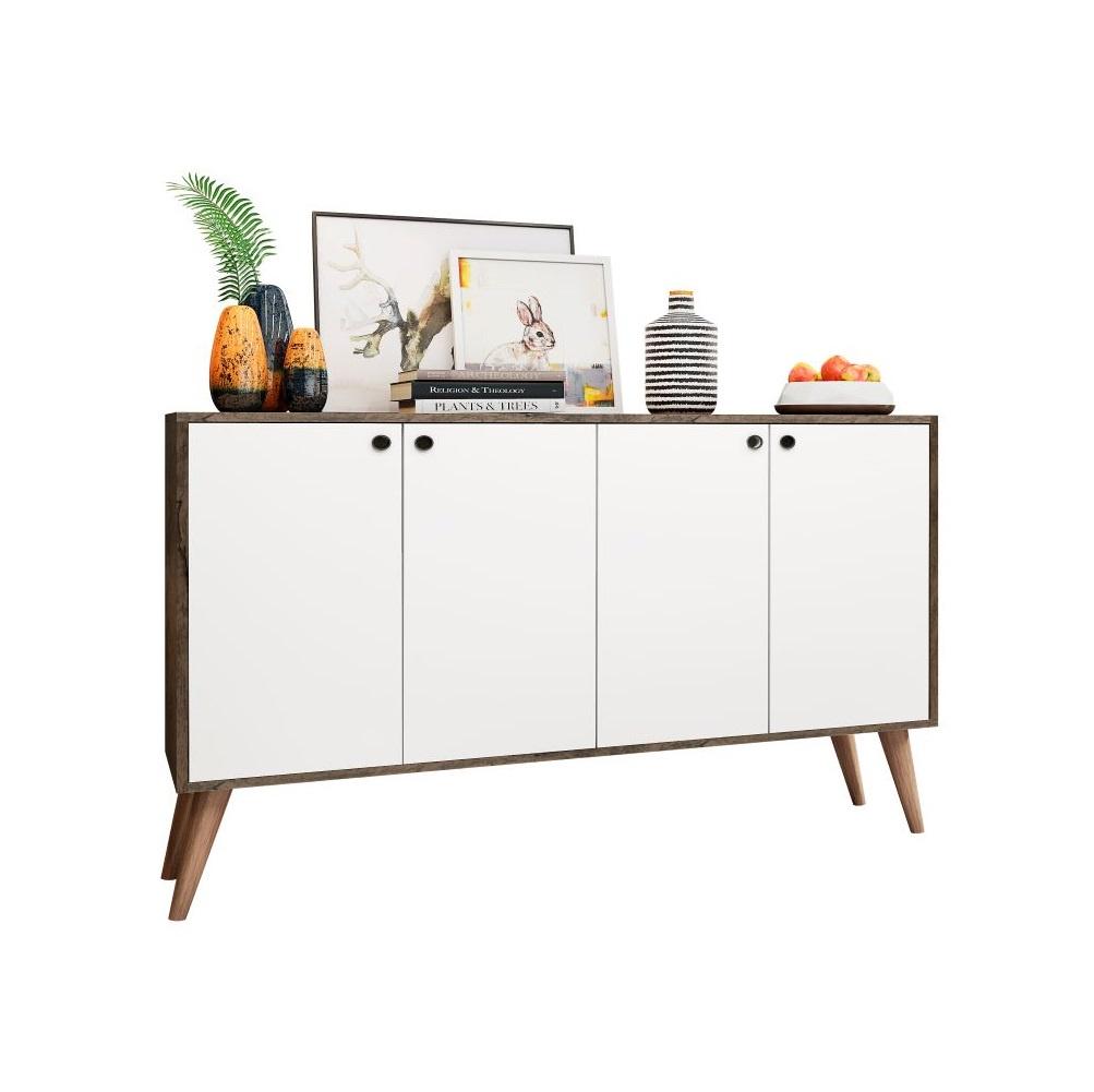 Aparador Buffet Retro Para Sala De Estar 4 Portas Lituania - Castanho/branco