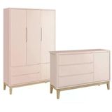 Jogo De Quarto Classic Guarda Roupa 3 Portas E Cômoda Rosa Fosco Com Pés Madeira Natural - Reller Móveis Rosa Fosco