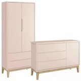 Jogo De Quarto Classic Guarda Roupa 2 Portas E Cômoda Rosa Fosco Com Pés Madeira Natural - Reller Móveis Rosa Fosco