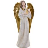 Decoração Anjo Musico Harpa Ouro Resina Natal Enfeite 38cm