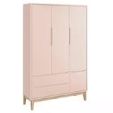 Guarda Roupa Infantil Classic 3 Portas Rosa Fosco Com Pés Madeira Natural - Reller Móveis Rosa Fosco