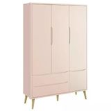 Guarda Roupa Infantil Theo 3 Portas Rosa Fosco Com Pés Madeira Natural - Reller Móveis Rosa Fosco