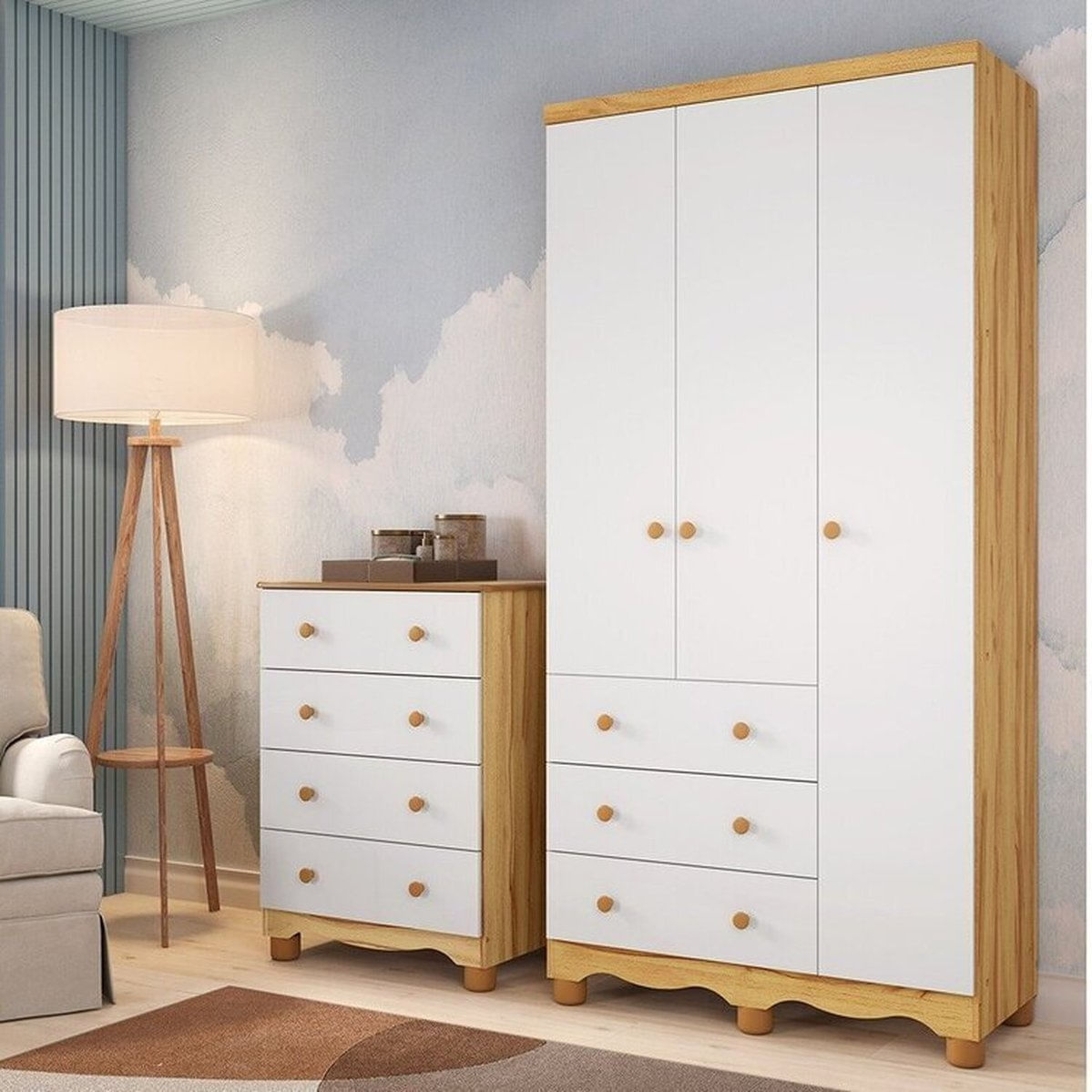 Quarto Infantil Com Guarda-roupa 3 Portas E Cômoda 4 Gavetasmimo 100% Mdf Espresso Móveis Branco Brilho/amêndoa